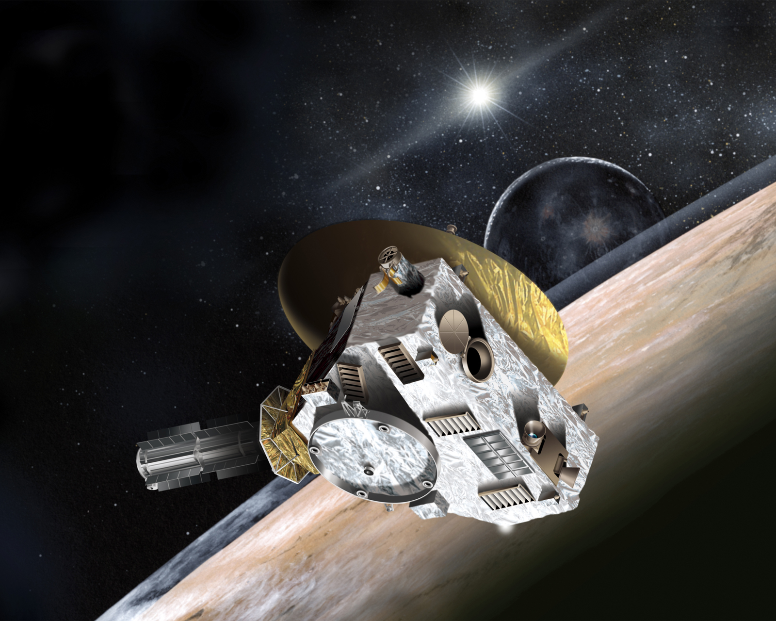 An artist's concept of the New Horizons space probe and its item of interest, Pluto.