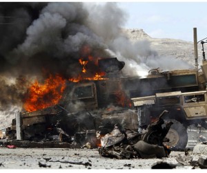 Burning truck in an Afghanistan fuel convoy