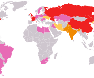 Nuclear Programs Worldwide As of 2005 (Red means a "Nuclear Weapon State" by the Nuclear Non-proliferation Treaty, Orange are other nuclear powers, Yellow are countries suspected of having nuclear weapons or programs, Pink are countries known to at one time have a nuclear weapon or a program. Courtesy of Wikimedia Commons.)