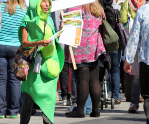 An anti-GMO protester dressed as a giant soy bean. Prop 37 has sparked major debates and protests throughout California over the labeling of genetically modified foods.