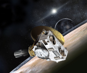 An artist's concept of the New Horizons space probe and its item of interest, Pluto.