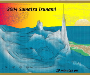 A still frame of Steven Ward's computer simulation of the 2004 Sumatra tsunami. Credit: Steven Ward