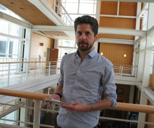 Patrick Fulton, a geology post-doc at the University of California, Santa Cruz, holds temperature sensors retrieved from an earthquake fault more than seven kilometers under water to learn more about the devastating March 2011 Japan quake and tsunami. Photo by Paul Gabrielsen.