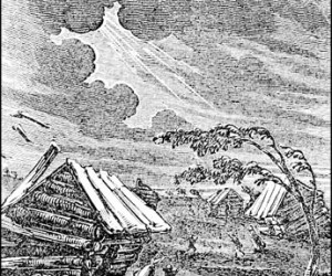 An engraving depicting damage from the 1811-1812 New Madrid earthquakes from Henry Howe's Historical Collections of the Great West (Cincinnati, 1854, p.239).
Image provided courtesy of Martitia Tuttle.