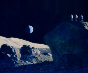 We turn to the moon figuratively to inspire and imagine. Someday we may return literally to expand our horizons. In this painting astronauts survey a lunar landscape from a rock outcrop. Painting © William K. Hartmann, at Planetary Science Institute, Tucson.