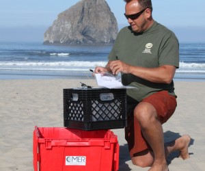 York Johnson, who works with the Tillamook Estuaries Partnership, collects a sample of coastal water in Pacific City, Ore. Ken Buesseler will analyze the sample for radiation from the Fukushima Daiichi nuclear power plant disaster. Photo courtesy of Woods Hole Oceanographic Institution (WHOI).